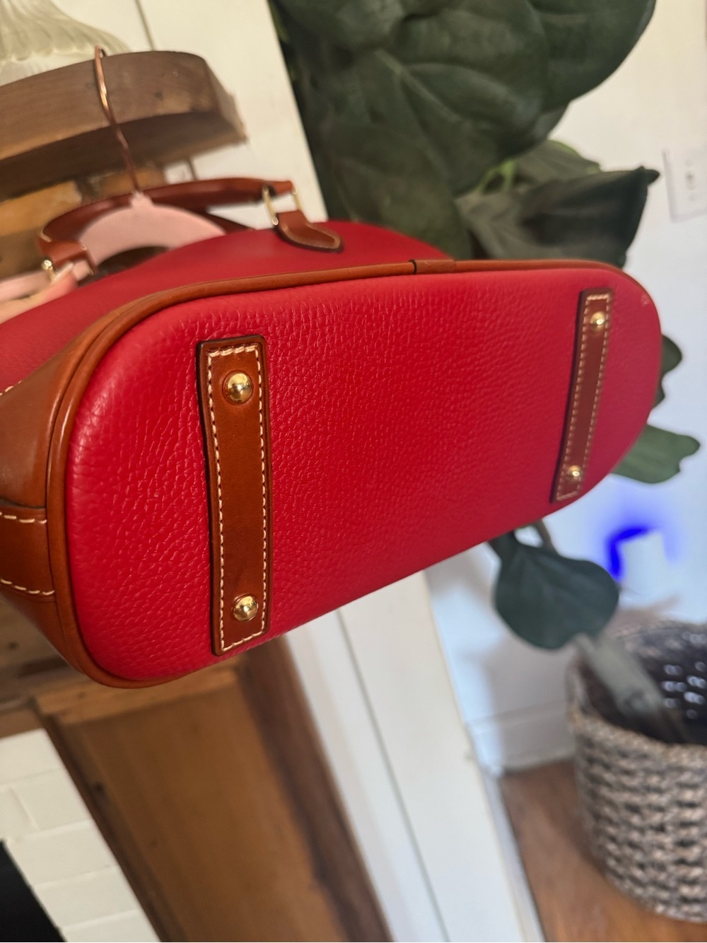 Dooney & Burke Red Dome Satchel Handbag with Tan Trim - Picture 6 of 14